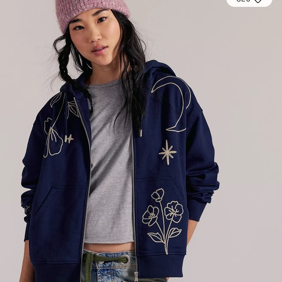 Free People Tops - Navy Hoodie with Embroidered Floral Design